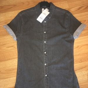 Topman Gray Muscle Fit Short Sleeve Denim Shirt